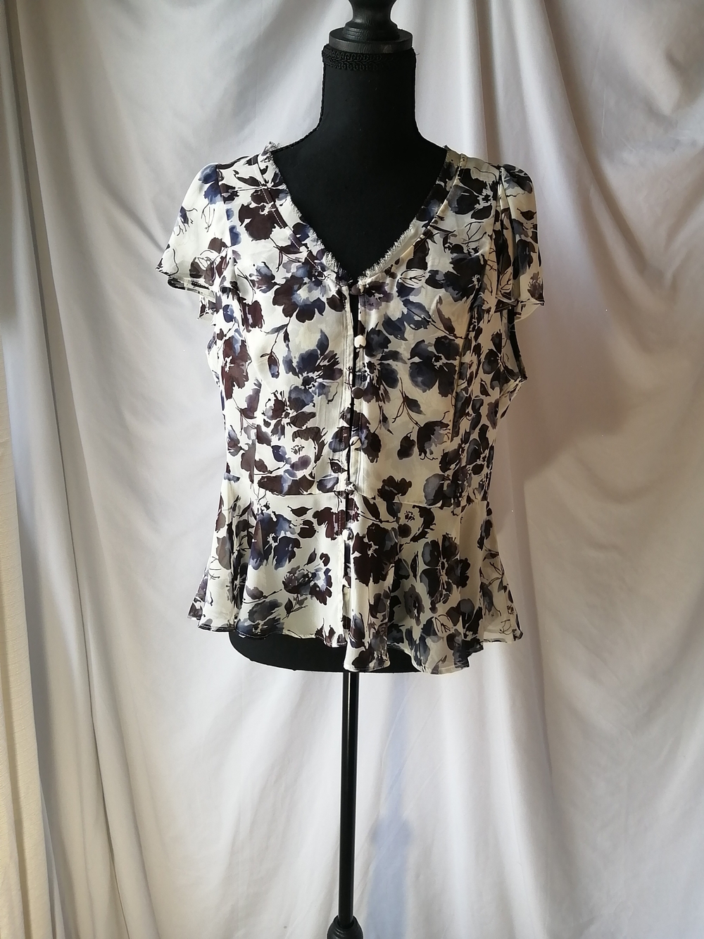 Elle Cream Floral V-Neck Blouse with Navy and Brown Print